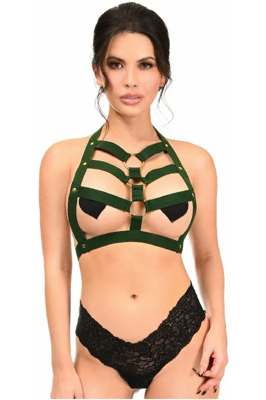 Vibrators with angled heads-BOXED Dark Emerald Green Stretchy Body Harness w/Gold Hardware