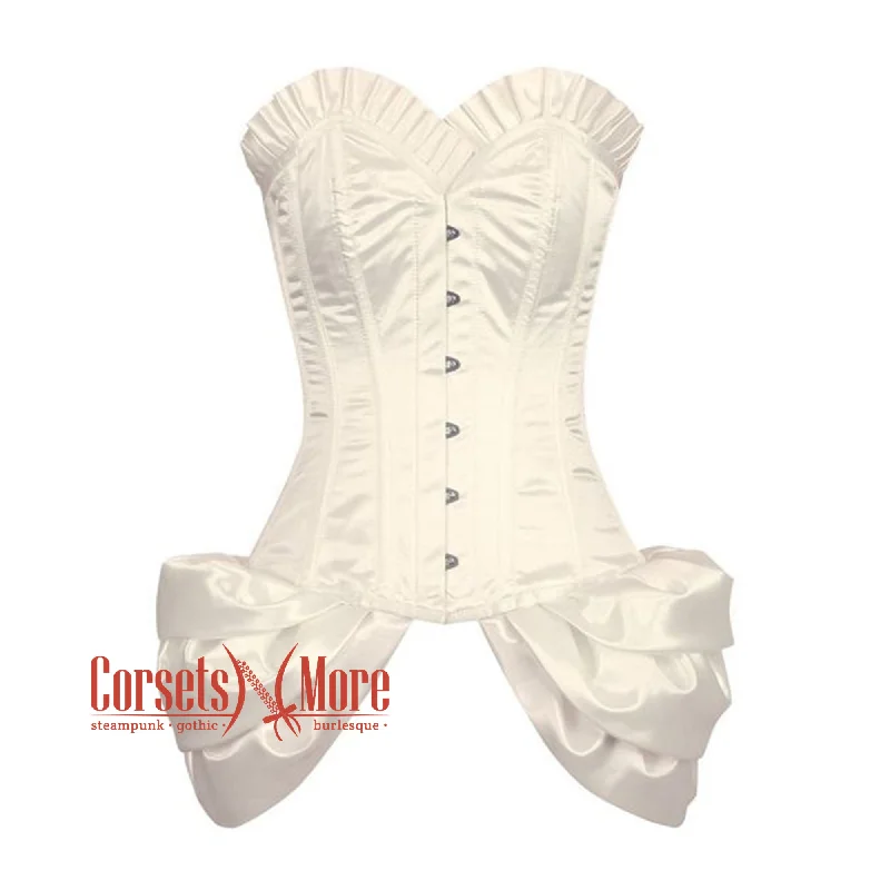 Corset in pale blush-Ivory Satin Frill  With Front Silver Busk Overbust Corset