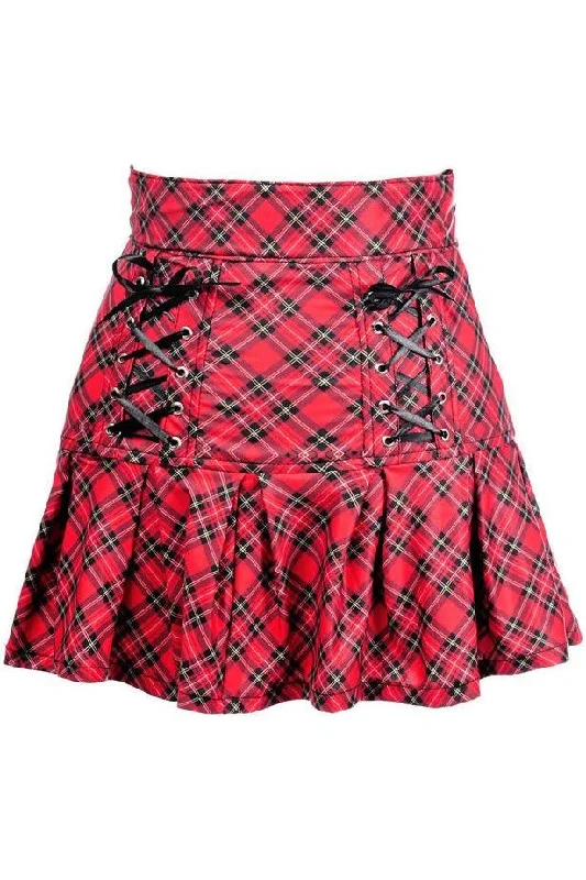 Pulsing clit stimulators-Red Plaid Lace-Up Stretch Lycra Skirt