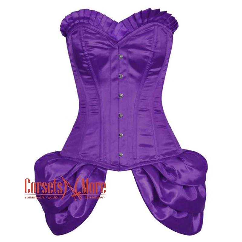 Corset with satin inserts-Purple Satin Frill With Front Silver Busk Overbust Corset