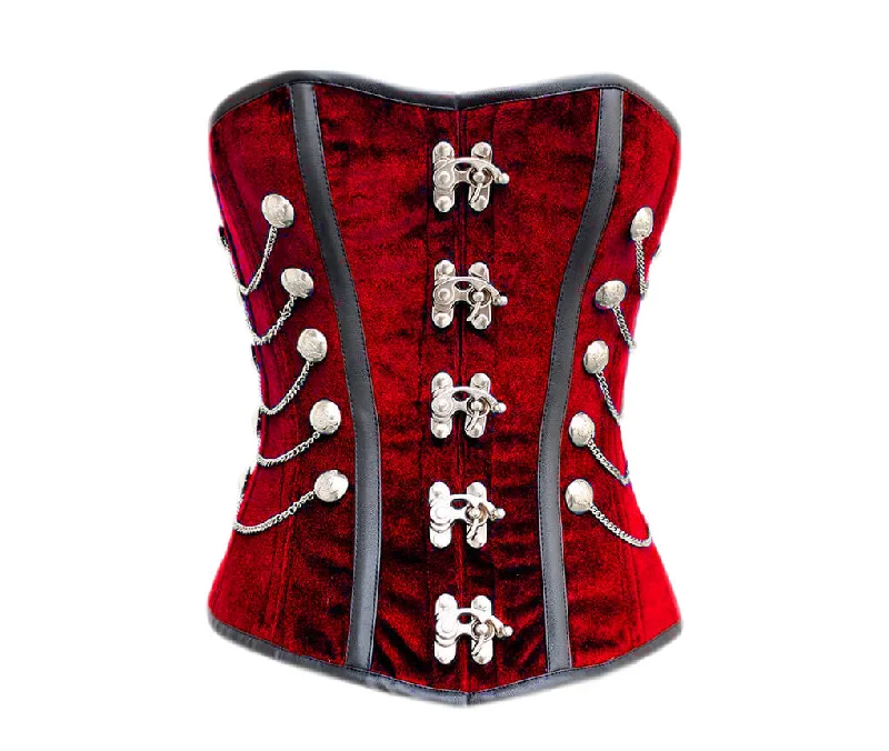 Corset in soft coral-Red Velvet Black Faux Leather Strips Gothic Valentine Costume Corset Overbust