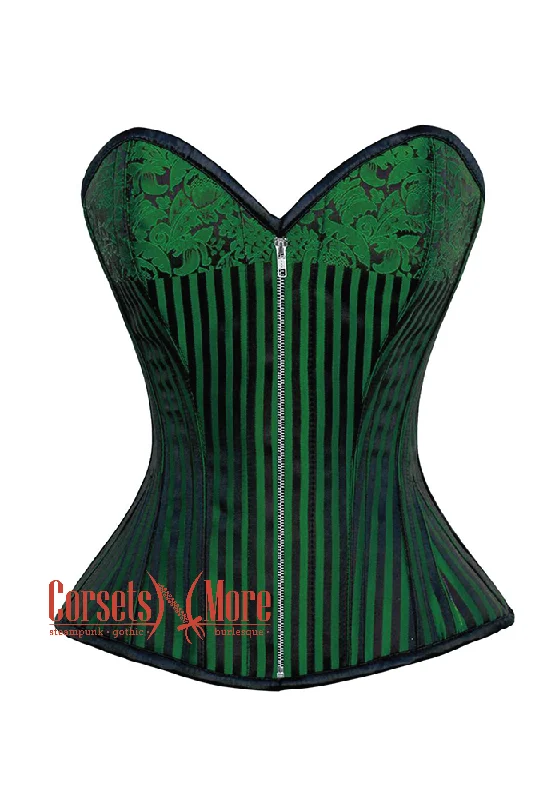 Corset with floral edging-Green And Black Brocade Silver Zipper Steampunk Overbust Costume Corset