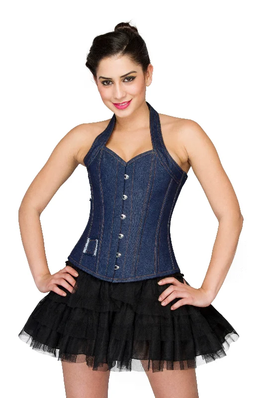 Corset with fringe lacing-Blue Denim Halter Neck Overbust Plus Size Corset Costume Bustier Top