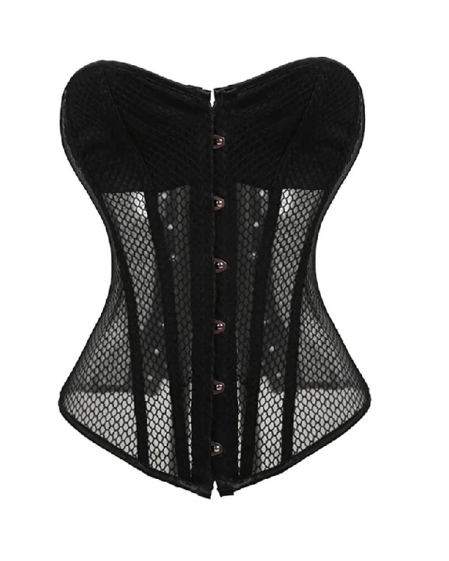 Corset in creamy beige-Black Mesh Net Gothic Steampunk Corset Waist Training Sheer Overbust