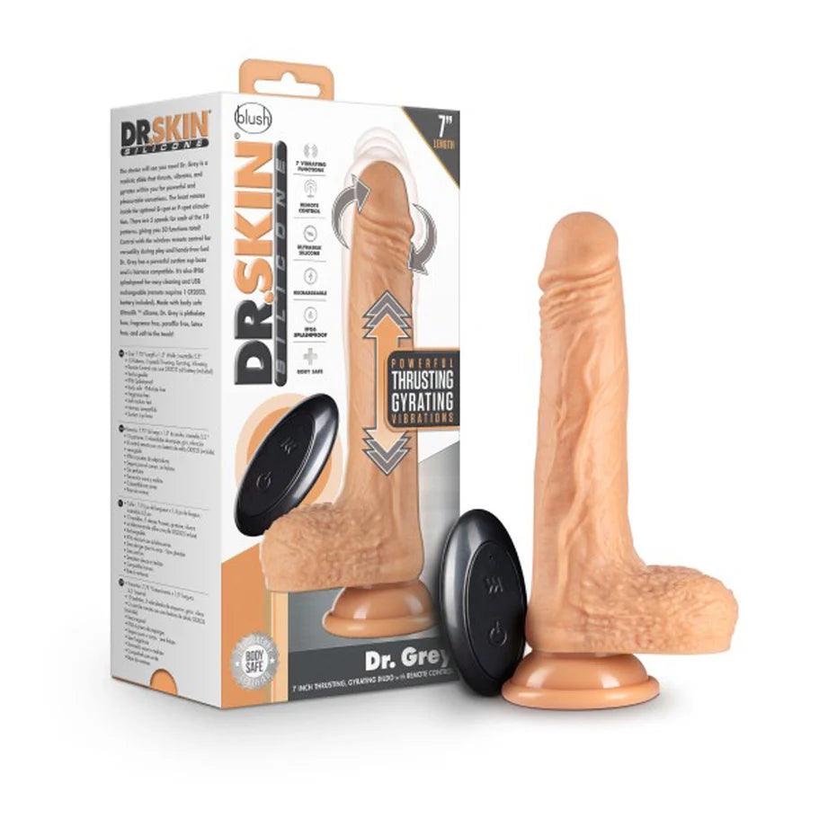 semi-rigid-dildo-Blush Dr. Skin Dr. Grey Remote-Controlled 7 in. Thumping Dildo with Balls