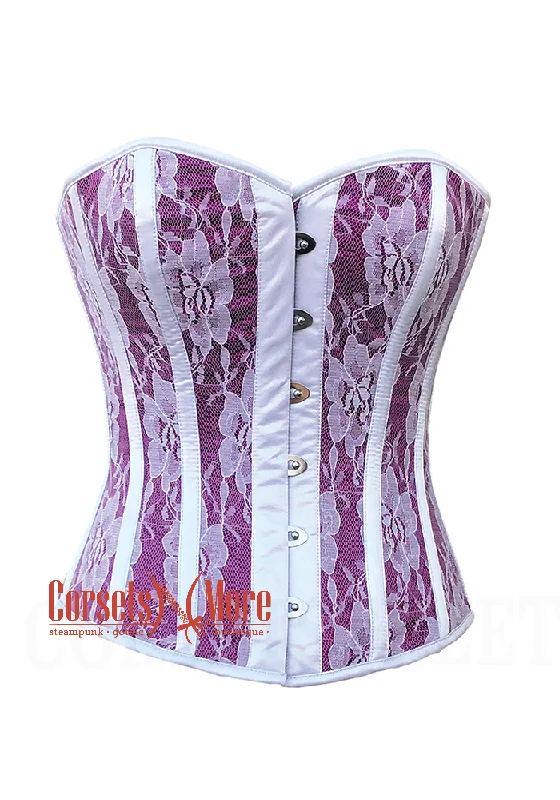 Corset for modern lines-Purple Satin White Floral Lace Overbust Gothic Costume Bustier Corset Top