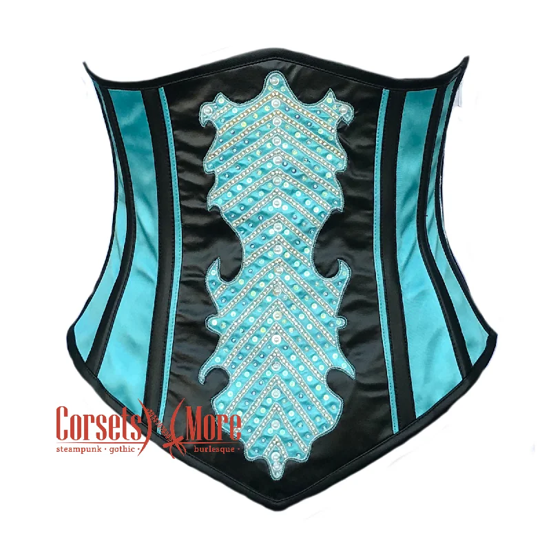 Corset top in soft peach-Baby Blue And Black Satin With Sequins LONGLINE Underbust Corset Burlesque Costume