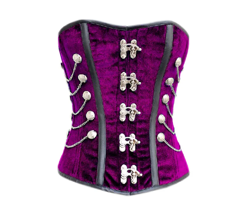 Corset top with high-low back-Purple Velvet Black Faux Leather Stripes Gothic Corset Overbust Costume for Mardi Gras