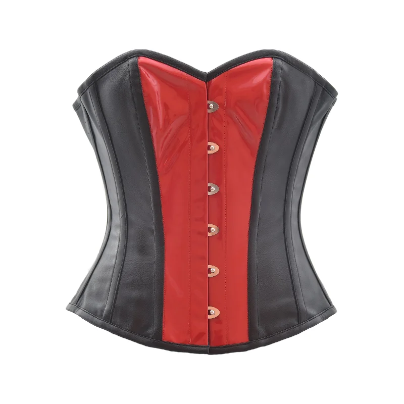 Corset top in warm beige-Black Faux Leather & Red PVC Gothic Steampunk Bustier Waist Training Overbust Corset Costume