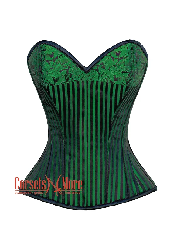 Corset top with sheer hem-Green And Black Brocade Steampunk Overbust Costume Corset