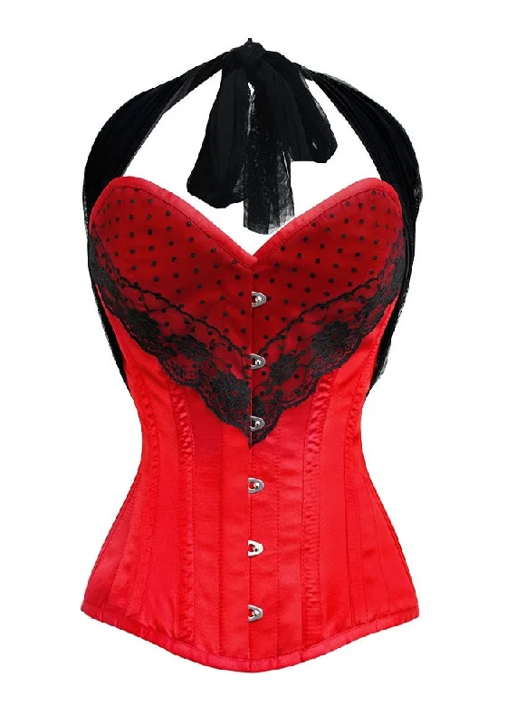 Corset top with ruffled edges-Red Tapta Net Lacing Gothic LONGLINE Overbust Plus Size Valentine Corset Waist Training