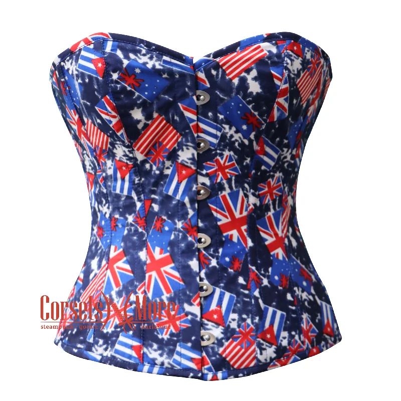 Corset in light magenta-Uk Flag Printed Cotton Gothic Overbust Corset