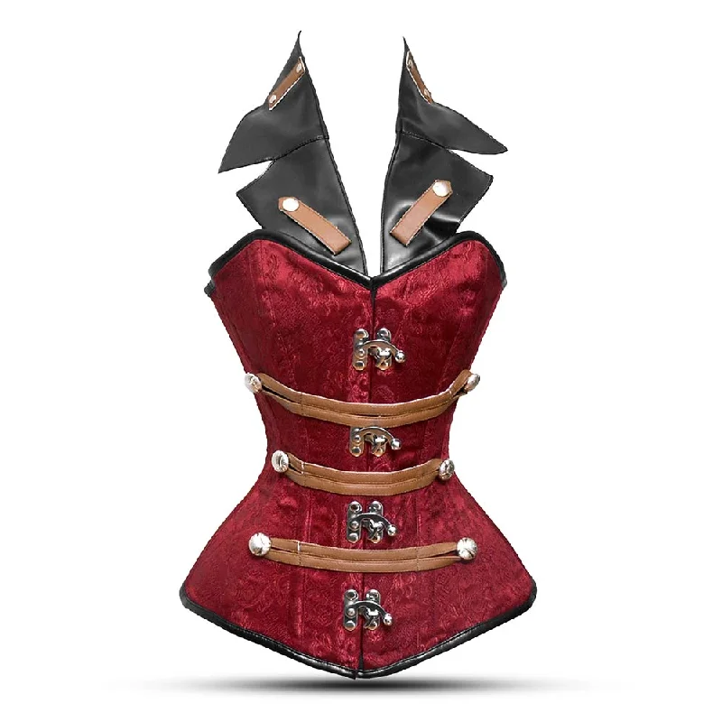 Corset with velvet accents-Black and Red corset - Over Bust Corset with Leather Collars