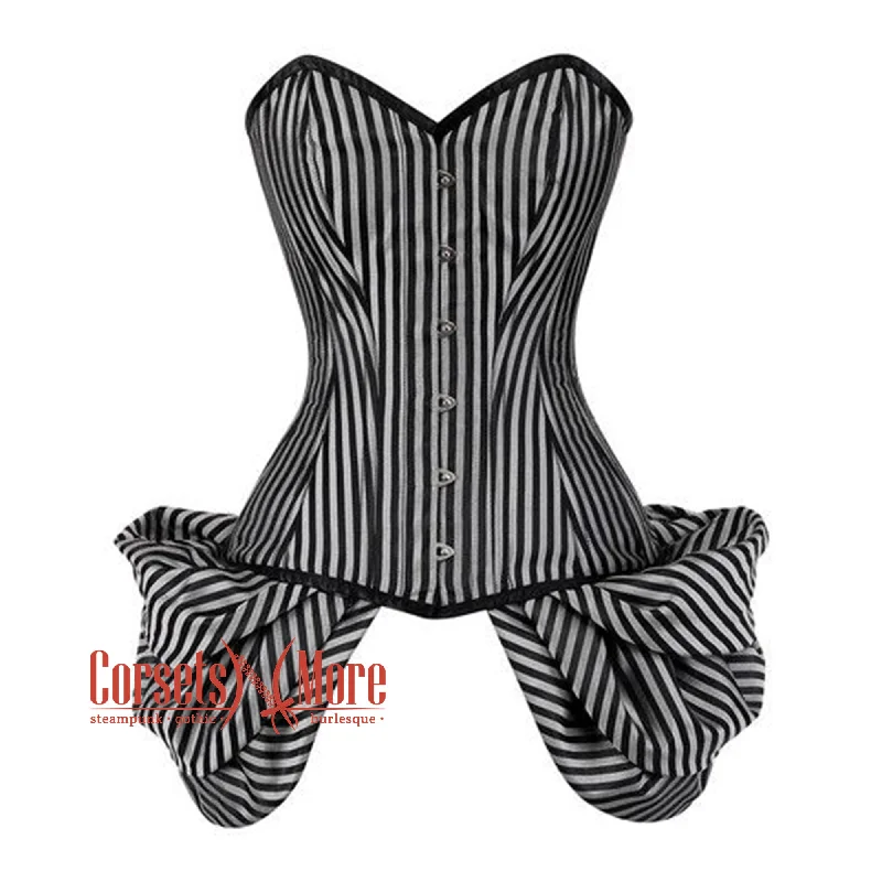 Corset top with floral overlay-Black And White Striped Brocade With Front Silver Busk Overbust Corset