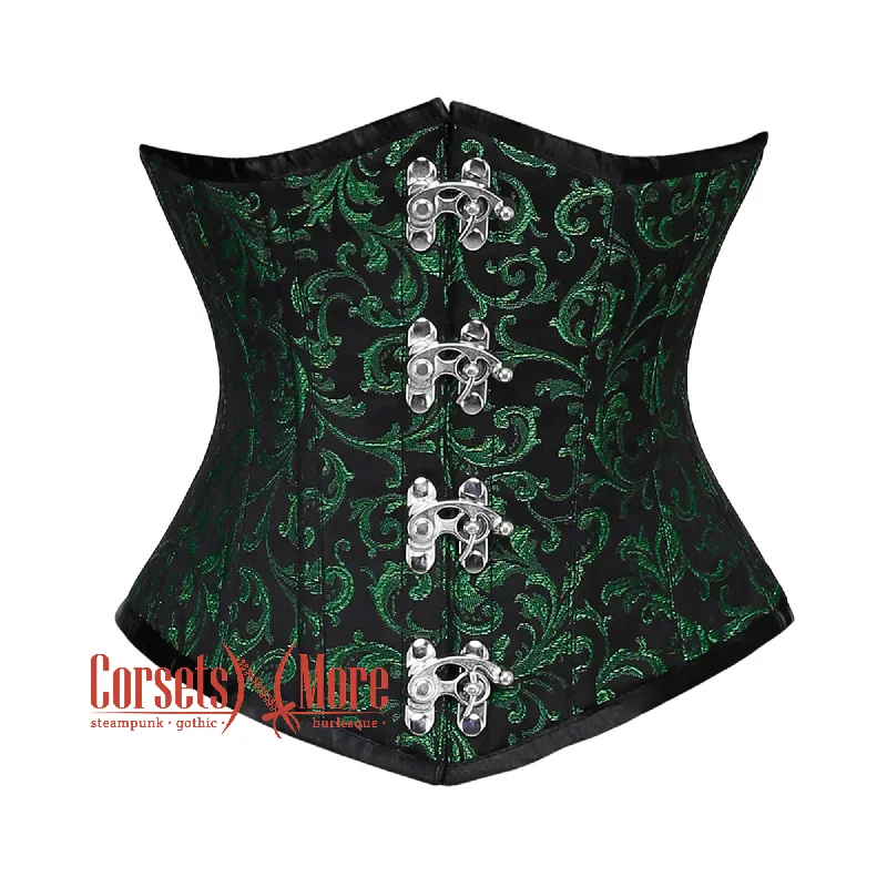 Corset top with sheer back-Green And Black Brocade With Front Silver Clasps Underbust Corset Gothic Costume Bustier Top