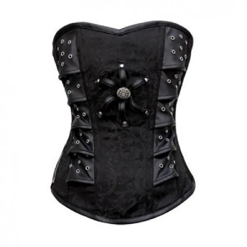 Corset top with ruffled edges-Black Brocade with Leather Patches Gothic Overbust corset Waist Trainer Steampunk Costume