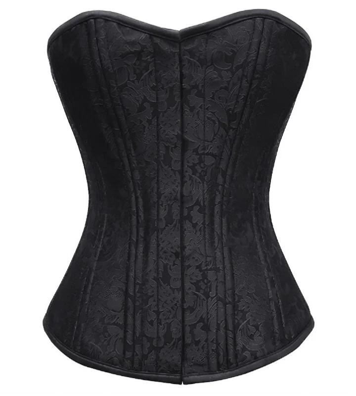 Corset dress in twilight blue-Black Brocade Spiral Steel Boned Overbust Plus Size Corset Waist Training Front Closed Bustier Top