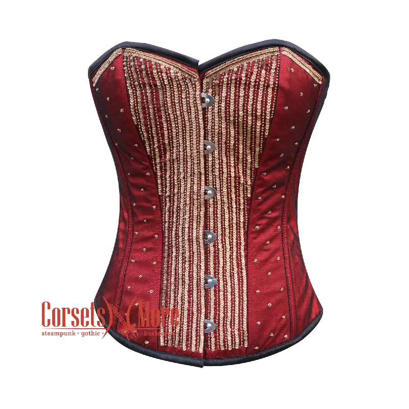 Corset for elegant flair-Red Satin Net Gold Sequins Hand Work Burlesque Gothic Costume Overbust Bustier Top