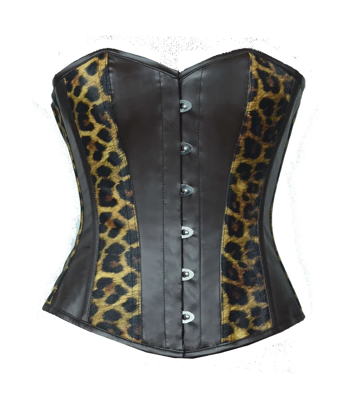 Corset with button accents-Leopard Animal Print And Brown Faux Leather Gothic Steampunk Corset Overbust