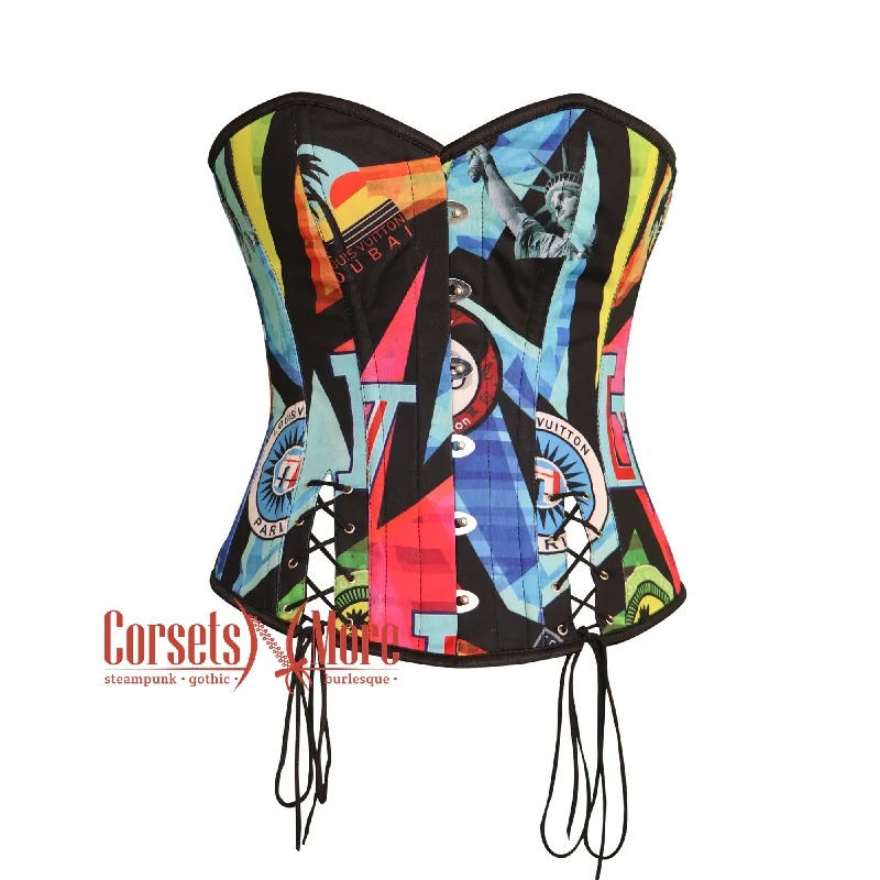 Corset with satin edging-Multi Printed Satin With Front Lace Overbust Costume Waist Cincher Cosplay Corset