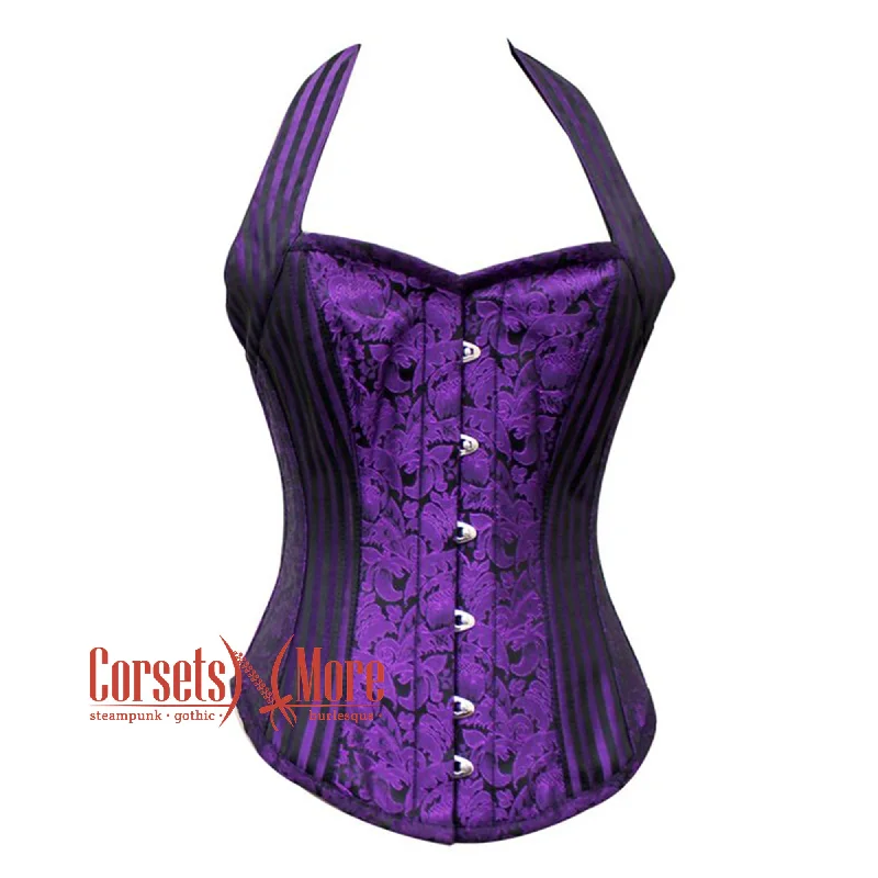 Corset in light magenta-Purple Black Brocade With Halter Neck Overbust Corset