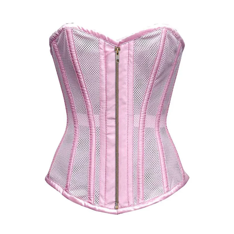 Corset for refined charm-Baby Pink Satin Mesh Front Antique Zipper Overbust Corset