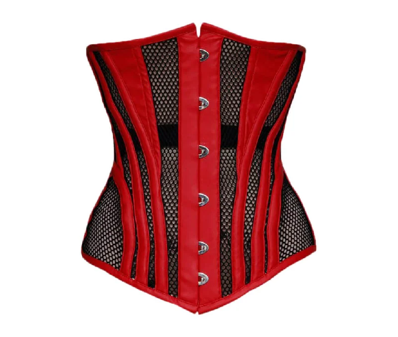 Corset dress in rich purple-Red Satin Black Mesh Gothic Corset Waist Training LONGLINE Sheer Underbust