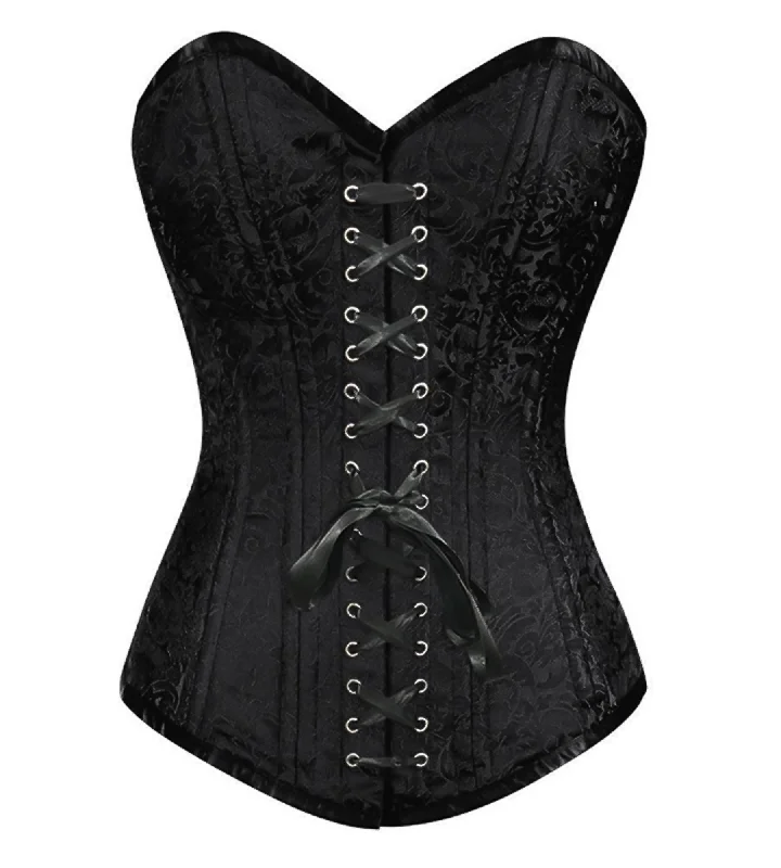 Corset for refined grace-Black Brocade Spiral Steel Boned Plus Size Corset Front Black Lace Goth Burlesque Costume Waist Training LONGLINE Overbust Bustier Top