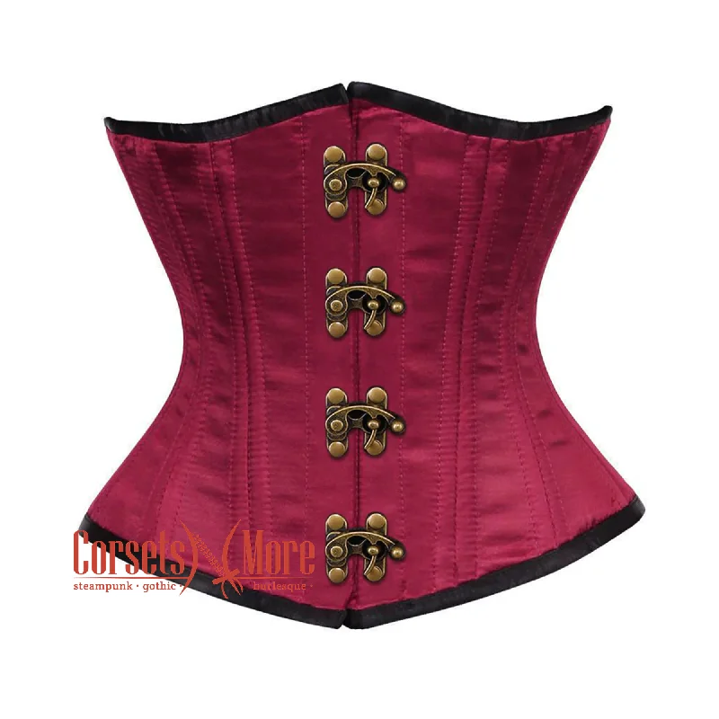 Corset dress for evening grace-Maroon Satin Double Bone Front Antique Clasps Gothic Waist Training Underbust Corset Bustier Top