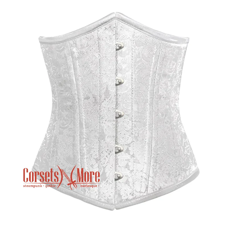 Corset with floral overlay-White Brocade Silver Busk Double Bone Steampunk Gothic Waist Training Underbust Corset Bustier Top