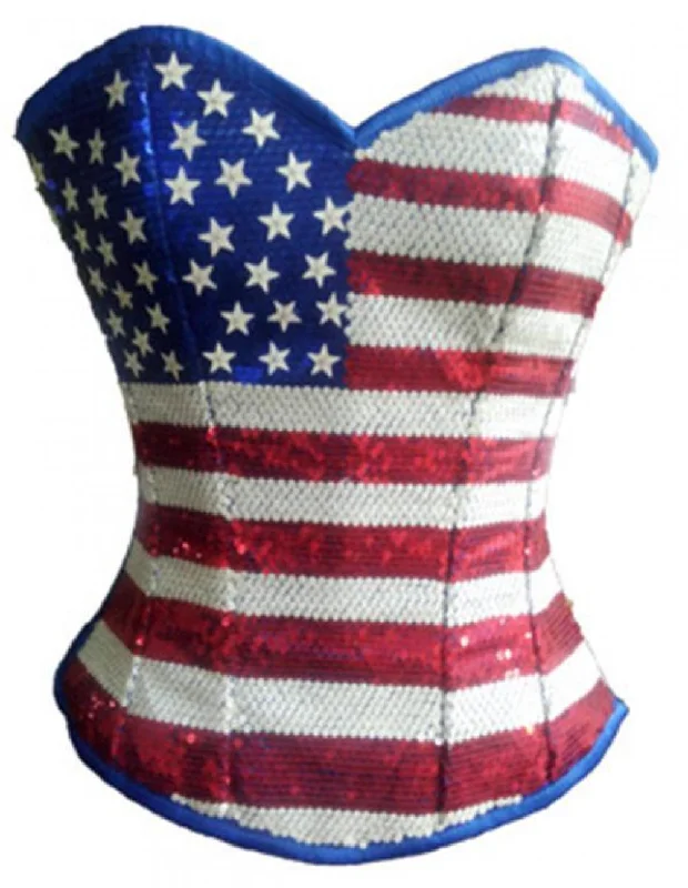 Corset in dark peach-Blue Satin Red White Sequins USA Flag Handwork Bustier Waist Training Overbust Corset Top