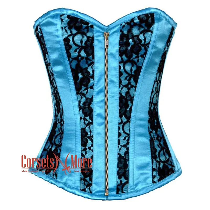 Corset in pale teal-Baby Blue Satin With Black Net Front Antique Zipper Gothic Overbust Burlesque Corset