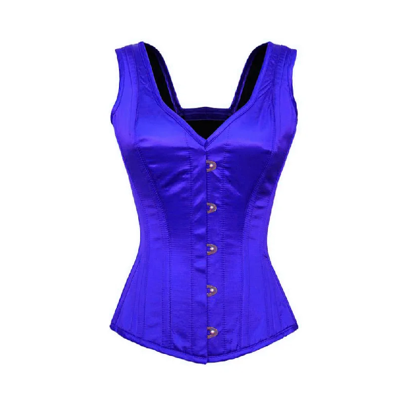 Corset for smooth silhouette-Blue Satin Corset Shoulder Straps Gothic Burlesque Waist Training Overbust