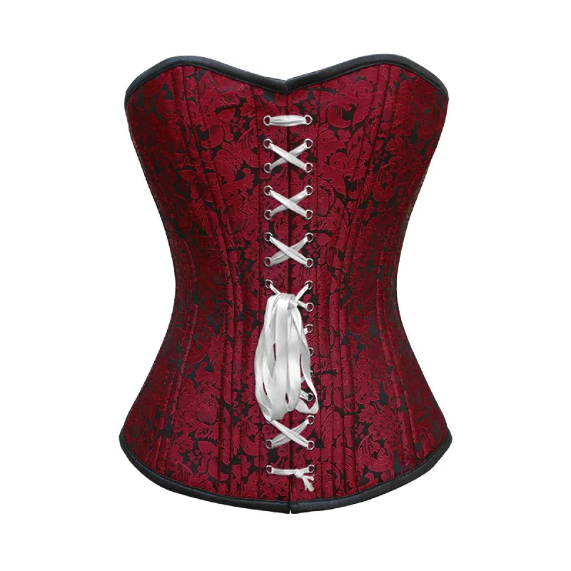 Corset dress for summer grace-Red Brocade With Front White Ribbon Double Bone Overbust Corset