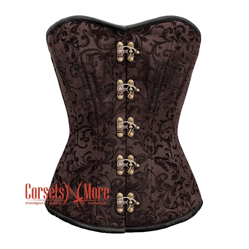 Corset dress with ruffled hem-Brown Brocade Steel Boned Front Antique Clasps Overbust Corset