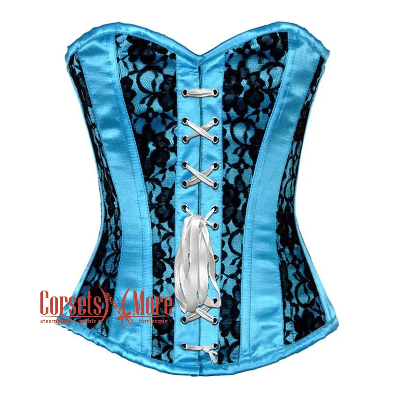 Corset for subtle flair-Baby Blue Satin With Black Net Front Ribbon Gothic Overbust Burlesque Corset