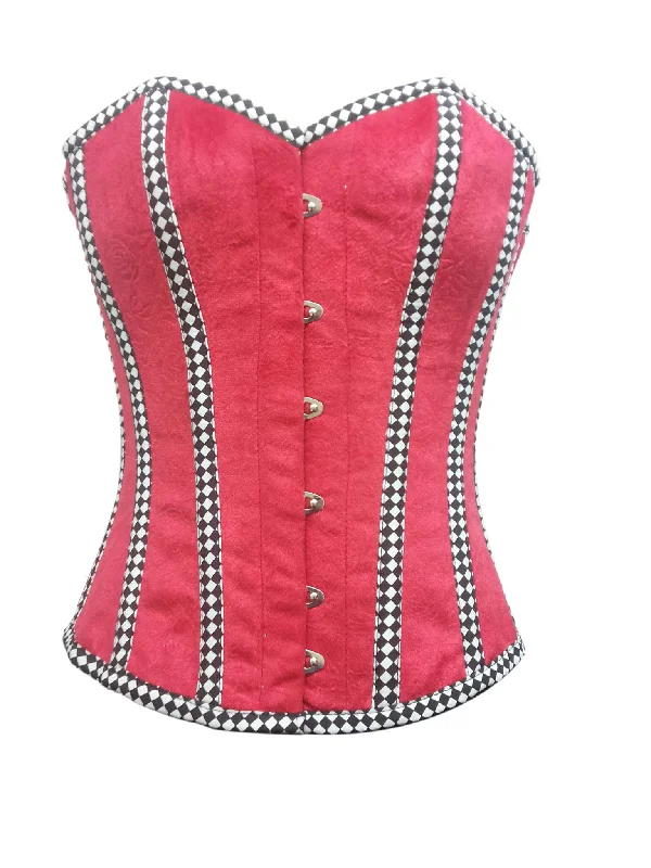 Corset for graceful lines-Red Velvet Check Stripes Gothic Burlesque Corset Waist Training Overbust