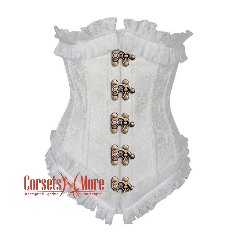 Corset dress for winter grace-White Brocade Antique Clasps Net Frill Design Gothic Waist Training Underbust Corset Bustier Top