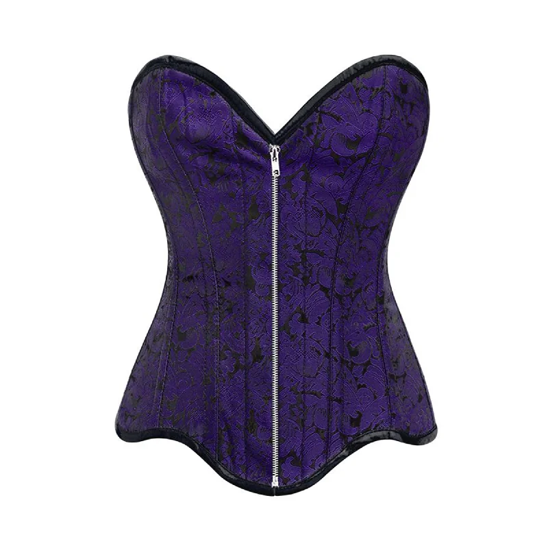 Corset dress for evening grace-Purple Brocade Gothic With Front Silver Zipper Overbust Corset