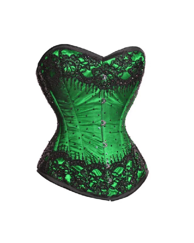 Corset top in soft taupe-Green Satin Corset Black Sequins Gothic Burlesque Waist Training Overbust