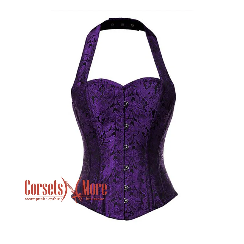 Corset with satin overlay-Purple Brocade With Halter Neck Overbust Corset