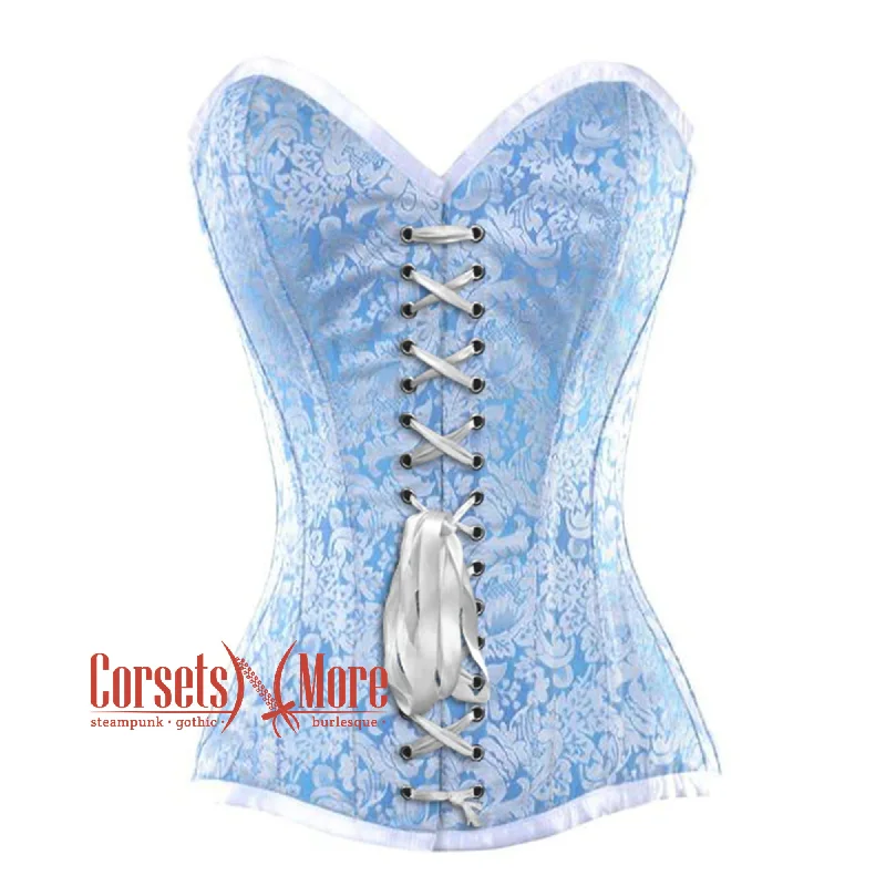 Corset dress with ruffled skirt-Baby Blue And White Satin With Front White Lace Overbust Corset