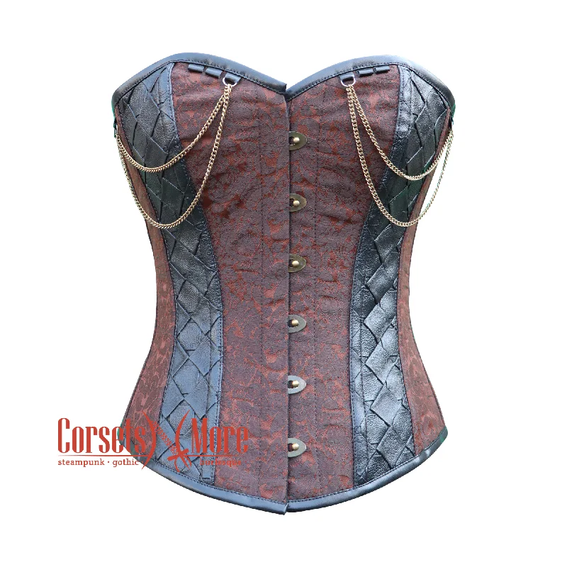 Corset dress for night flair-Brown Brocade With Leather Steampunk Costume Overbust Corset Top