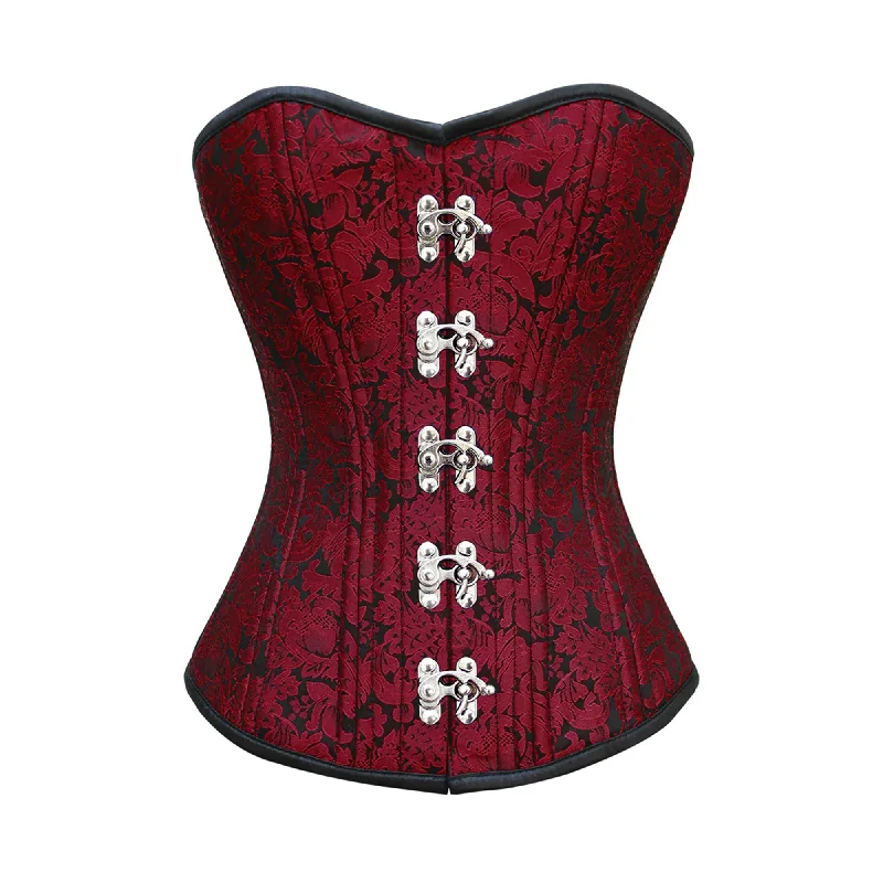 Corset for subtle flair-Red Brocade With Silver Clasps Ribbon Double Bone Overbust Corset