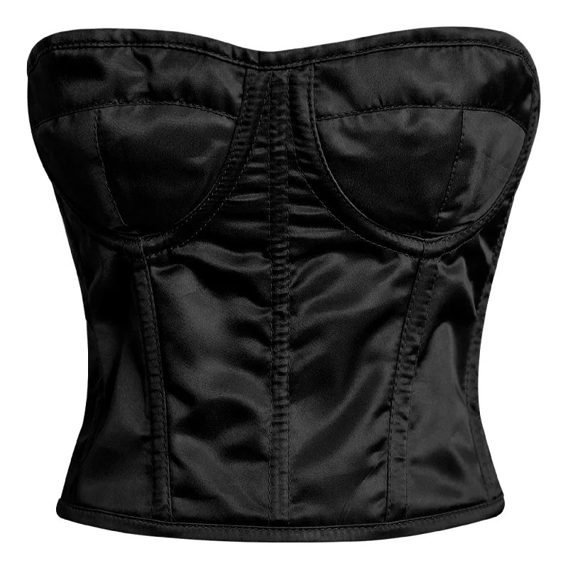 Corset with silk straps-Black Satin corset top - Overbust Corset