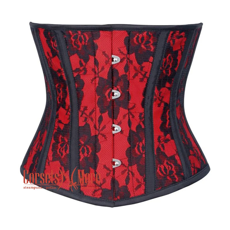 Corset in deep blush-Plus Size  Red Satin Net Overlay Burlesque Waist Training Underbust Corset