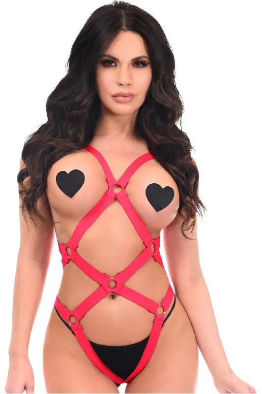 Sex toys for erotic duos-BOXED Red Stretchy Body Harness Bodysuit w/Silver Hardware