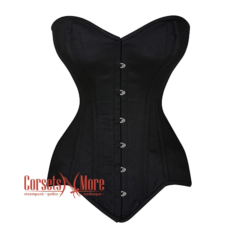 Corset with lace trim-Black Satin Burlesque Corset Gothic Double Bone Overbust Bustier Top