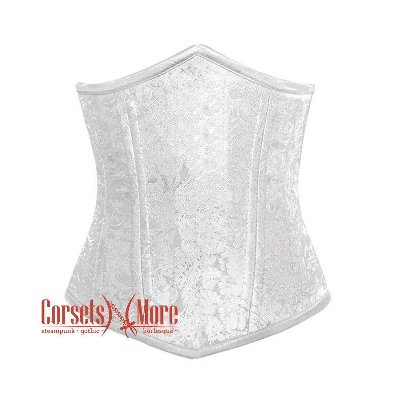 Corset with velvet trim-White Brocade Front Closed Double Bone Steampunk Gothic Waist Training Underbust Corset Bustier Top