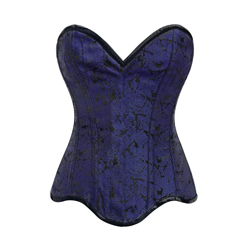 Corset with satin overlay-Blue Brocade Gothic With Front Closed Overbust Corset